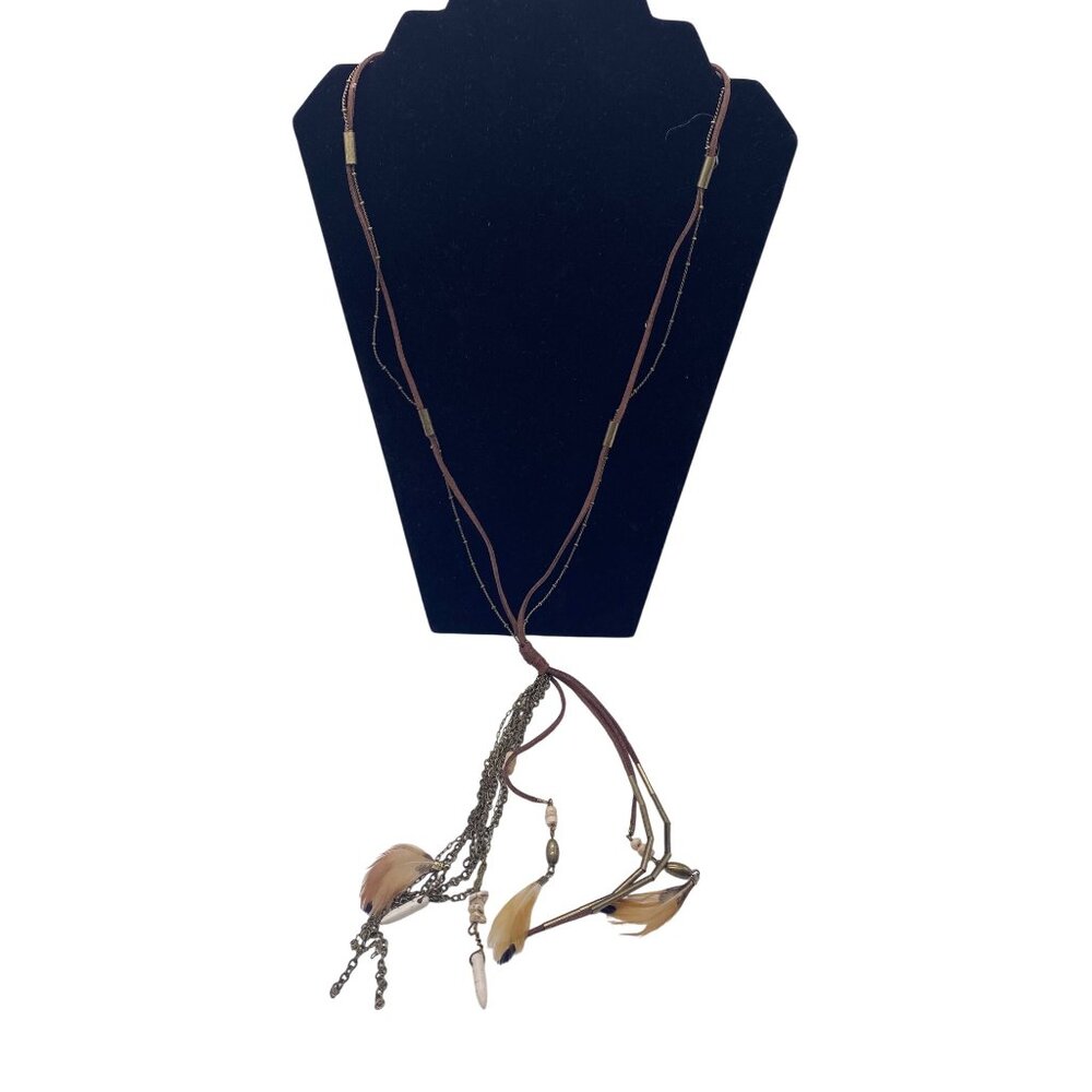 Target Necklace Womens 28"  Brown‎ Chains Feather Beads Southwestern Boho Long